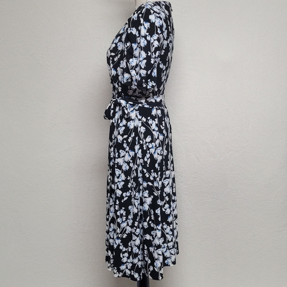 Tommy Hilfiger Women's Blue Black Floral Tie-Neck Puff Sleeve Casual Day Dress - Picture 6 of 12